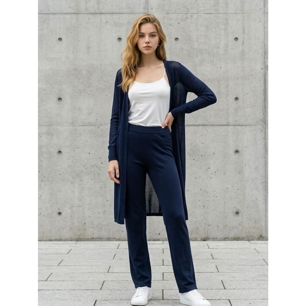 White House Black Market Navy Cardigan Nice Drapey Open Front Shine Midi Coverup